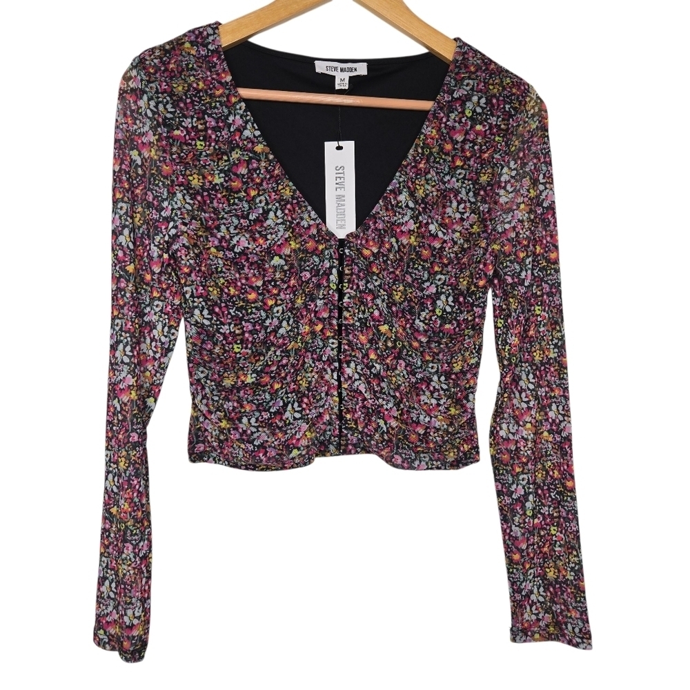 Steve Madden Womens Y2K Colorful Floral Long Sleeve Cropped Luna Top Medium